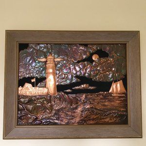 Lighthouse Nautical Ocean Scene Embossed Copper Framed Picture Repousse 15x19